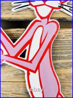 VINTAGE 13x7.5 PINK PANTHER CARTOON SODA POP PORCELAIN OIL GAS ADVERTISING SIGN