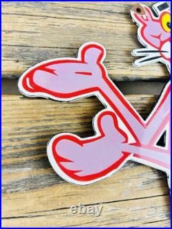 VINTAGE 13x7.5 PINK PANTHER CARTOON SODA POP PORCELAIN OIL GAS ADVERTISING SIGN