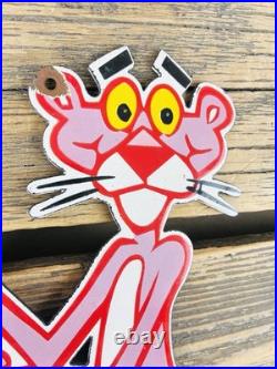 VINTAGE 13x7.5 PINK PANTHER CARTOON SODA POP PORCELAIN OIL GAS ADVERTISING SIGN