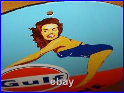 VINTAGE 1953 GULF GASOLINE Marilyn Monroe 11 3/4 PORCELAIN METAL GAS OIL SIGN