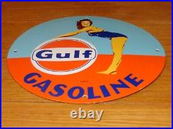 VINTAGE 1953 GULF GASOLINE Marilyn Monroe 11 3/4 PORCELAIN METAL GAS OIL SIGN