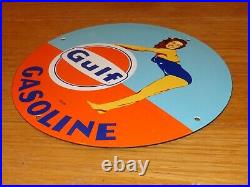 VINTAGE 1953 GULF GASOLINE Marilyn Monroe 11 3/4 PORCELAIN METAL GAS OIL SIGN