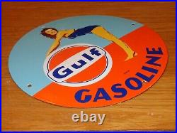 VINTAGE 1953 GULF GASOLINE Marilyn Monroe 11 3/4 PORCELAIN METAL GAS OIL SIGN