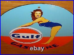 VINTAGE 1953 GULF GASOLINE Marilyn Monroe 11 3/4 PORCELAIN METAL GAS OIL SIGN