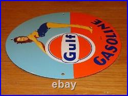 VINTAGE 1953 GULF GASOLINE Marilyn Monroe 11 3/4 PORCELAIN METAL GAS OIL SIGN