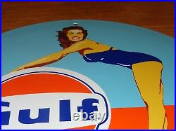 VINTAGE 1953 GULF GASOLINE Marilyn Monroe 11 3/4 PORCELAIN METAL GAS OIL SIGN