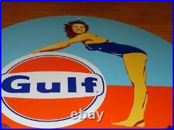 VINTAGE 1953 GULF GASOLINE Marilyn Monroe 11 3/4 PORCELAIN METAL GAS OIL SIGN