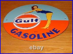 VINTAGE 1953 GULF GASOLINE Marilyn Monroe 11 3/4 PORCELAIN METAL GAS OIL SIGN