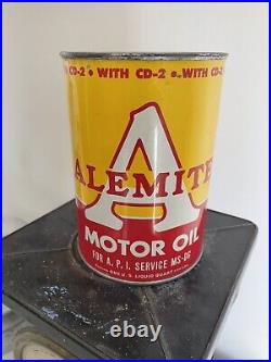 VINTAGE ALEMITE ONE QUART OIL CAN FULL Metal Nice Condition Vibrant Colors