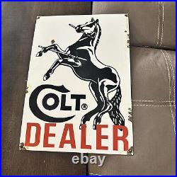 VINTAGE COLT DEALER FIREARM HORSE PORCELAIN METAL GASOLINE OIL AD SIGN 18x13