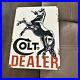 VINTAGE COLT DEALER FIREARM HORSE PORCELAIN METAL GASOLINE OIL AD SIGN 18x13