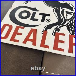 VINTAGE COLT DEALER FIREARM HORSE PORCELAIN METAL GASOLINE OIL AD SIGN 18x13