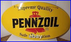 VINTAGE DOUBLE SIDED PAINTED ENAMEL PENNZOIL OVAL SIGN 31 x 18 GAS OIL Scioto