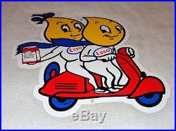 Vintage Esso Oil Drop Boy & Girl Riding A Vespa Scooter 20 X 16 Porcelain Sign
