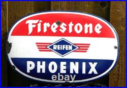 VINTAGE FIRESTONE PORCELAIN METAL SIGN 19-1/2 x 12 REIFEN PHOENIX OIL TIRES