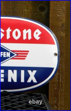 VINTAGE FIRESTONE PORCELAIN METAL SIGN 19-1/2 x 12 REIFEN PHOENIX OIL TIRES