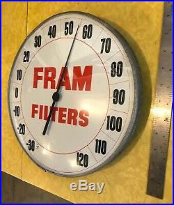 VINTAGE FRAM FILTERS OIL GAS STATION Round THERMOMETER SIGN Glass Dome Face Old
