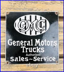 VINTAGE GMC TRUCKS 8x8 SALES SERVICE DEALERSHIP GAS STATION PORCELAIN OIL SIGN
