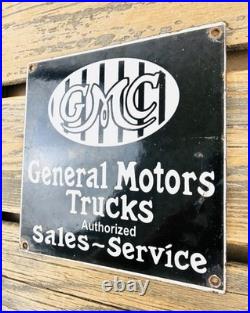 VINTAGE GMC TRUCKS 8x8 SALES SERVICE DEALERSHIP GAS STATION PORCELAIN OIL SIGN