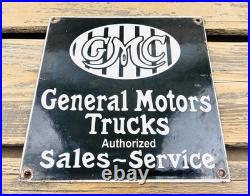 VINTAGE GMC TRUCKS 8x8 SALES SERVICE DEALERSHIP GAS STATION PORCELAIN OIL SIGN