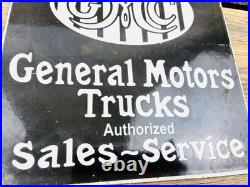 VINTAGE GMC TRUCKS 8x8 SALES SERVICE DEALERSHIP GAS STATION PORCELAIN OIL SIGN