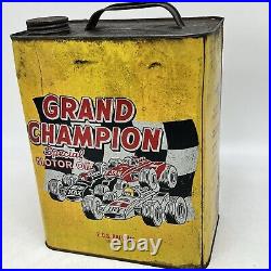 VINTAGE GRAND CHAMPION MOTOR OIL 2 GALLON Gas Can Rusty Metal Race Car Made USA