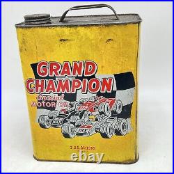 VINTAGE GRAND CHAMPION MOTOR OIL 2 GALLON Gas Can Rusty Metal Race Car Made USA