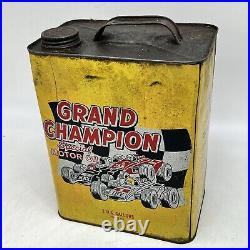 VINTAGE GRAND CHAMPION MOTOR OIL 2 GALLON Gas Can Rusty Metal Race Car Made USA