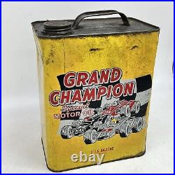 VINTAGE GRAND CHAMPION MOTOR OIL 2 GALLON Gas Can Rusty Metal Race Car Made USA