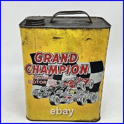 VINTAGE GRAND CHAMPION MOTOR OIL 2 GALLON Gas Can Rusty Metal Race Car Made USA