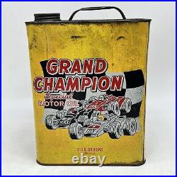 VINTAGE GRAND CHAMPION MOTOR OIL 2 GALLON Gas Can Rusty Metal Race Car Made USA