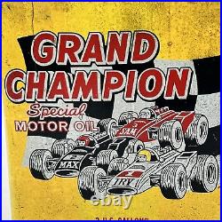 VINTAGE GRAND CHAMPION MOTOR OIL 2 GALLON Gas Can Rusty Metal Race Car Made USA