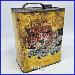 VINTAGE GRAND CHAMPION MOTOR OIL 2 GALLON Gas Can Rusty Metal Race Car Made USA