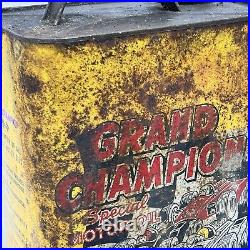 VINTAGE GRAND CHAMPION MOTOR OIL 2 GALLON Gas Can Rusty Metal Race Car Made USA