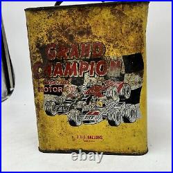 VINTAGE GRAND CHAMPION MOTOR OIL 2 GALLON Gas Can Rusty Metal Race Car Made USA