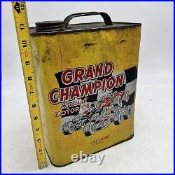 VINTAGE GRAND CHAMPION MOTOR OIL 2 GALLON Gas Can Rusty Metal Race Car Made USA