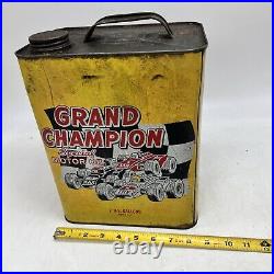 VINTAGE GRAND CHAMPION MOTOR OIL 2 GALLON Gas Can Rusty Metal Race Car Made USA