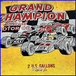 VINTAGE GRAND CHAMPION MOTOR OIL 2 GALLON Gas Can Rusty Metal Race Car Made USA