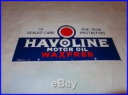 Vintage Havoline Wax Free 21 1/2 X 10 1/2 Porcelain Gas & Motor Oil Sign Nr