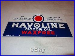 Vintage Havoline Wax Free 21 1/2 X 10 1/2 Porcelain Gas & Motor Oil Sign Nr