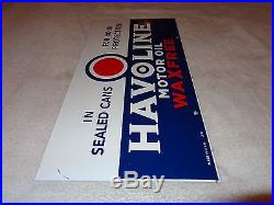 Vintage Havoline Wax Free 21 1/2 X 10 1/2 Porcelain Gas & Motor Oil Sign Nr