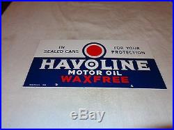 Vintage Havoline Wax Free 21 1/2 X 10 1/2 Porcelain Gas & Motor Oil Sign Nr