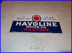 Vintage Havoline Wax Free 21 1/2 X 10 1/2 Porcelain Gas & Motor Oil Sign Nr