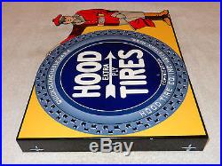 Vintage Hood Tire Dealer 16 X 12 Metal 2 Sided Gas, Oil & Tires Flange Sign Nr