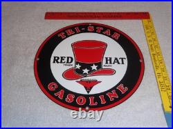 VINTAGE INDEPENDENT OIL & RED HAT GASOLINE With BIRD 11 1/4 PORCELAIN METAL SIGN