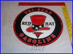 VINTAGE INDEPENDENT OIL & RED HAT GASOLINE With BIRD 11 1/4 PORCELAIN METAL SIGN