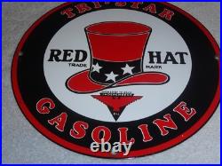 VINTAGE INDEPENDENT OIL & RED HAT GASOLINE With BIRD 11 1/4 PORCELAIN METAL SIGN