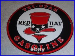 VINTAGE INDEPENDENT OIL & RED HAT GASOLINE With BIRD 11 1/4 PORCELAIN METAL SIGN