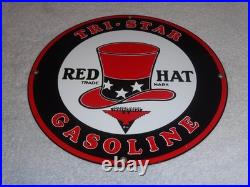 VINTAGE INDEPENDENT OIL & RED HAT GASOLINE With BIRD 11 1/4 PORCELAIN METAL SIGN