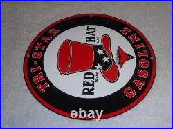 VINTAGE INDEPENDENT OIL & RED HAT GASOLINE With BIRD 11 1/4 PORCELAIN METAL SIGN